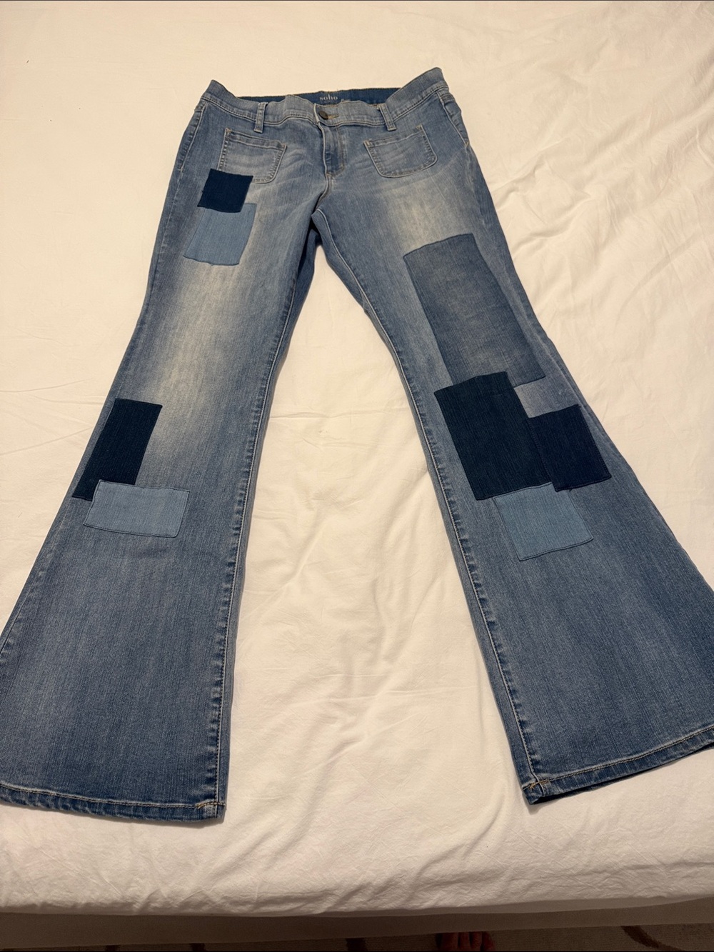 SoHo New York & Company Blue Patchwork Flare Jeans. Size 12.